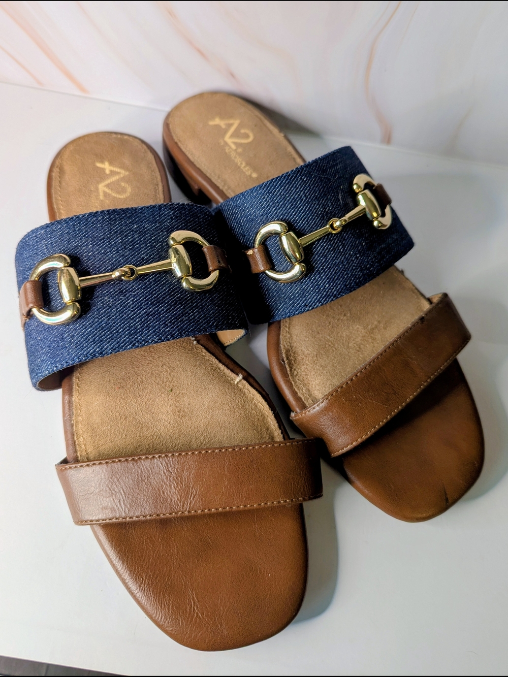 A2 By Aerosoles Brown Leather and Navy Denim Slide Mules with Gold Hardware